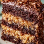 Delicious slice of homemade German Chocolate Cake with coconut and pecan frosting