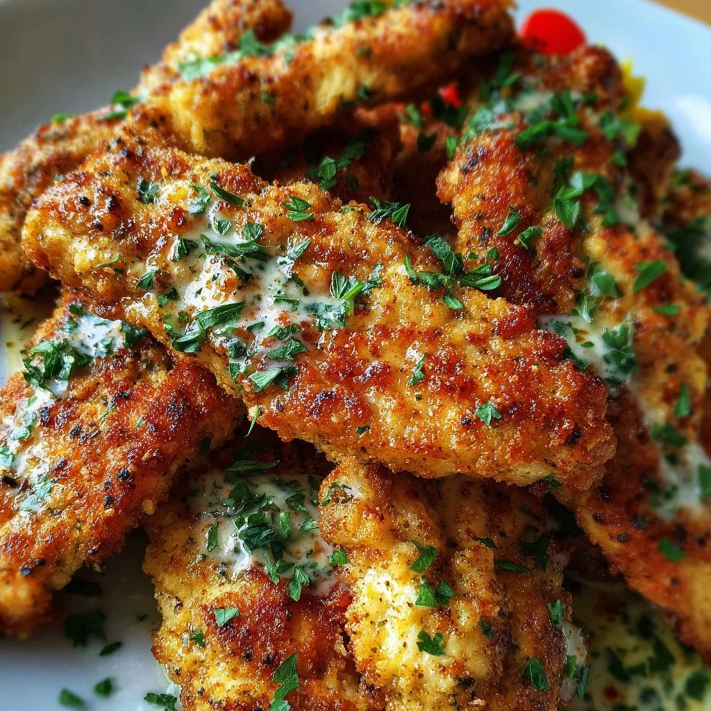 Plate of Greek Chicken Tenders garnished with herbs and lemon