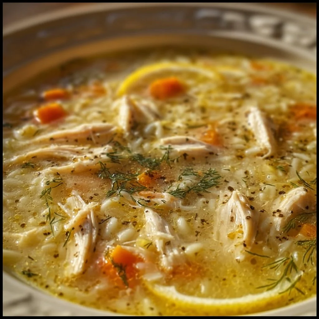 Bowl of Greek Lemon Chicken Soup garnished with fresh herbs and lemon slices.