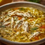 Bowl of Greek Lemon Chicken Soup garnished with fresh herbs and lemon slices.