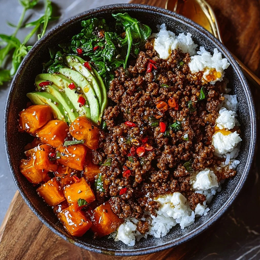 Delicious Ground Beef Hot Honey Bowl with spicy sauce and fresh toppings