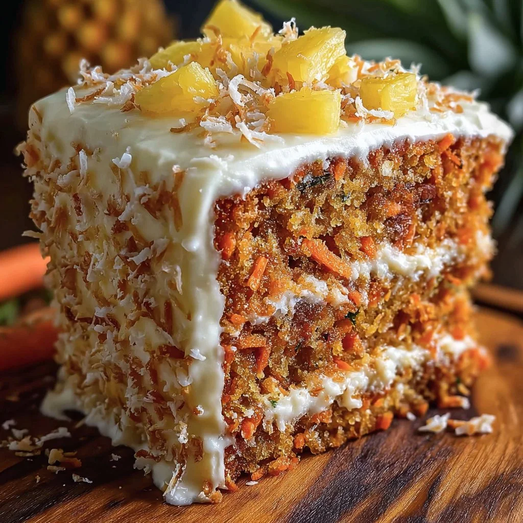 Slice of Hawaiian Carrot Pineapple Cake topped with cream cheese frosting