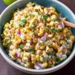 Healthy street corn salad with Greek yogurt and fresh vegetables in a bowl.
