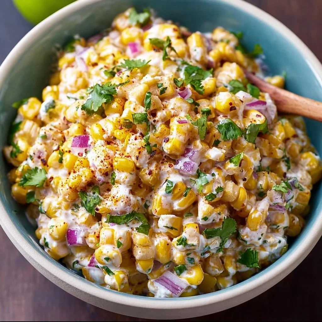 Healthy street corn salad with Greek yogurt and fresh vegetables in a bowl.