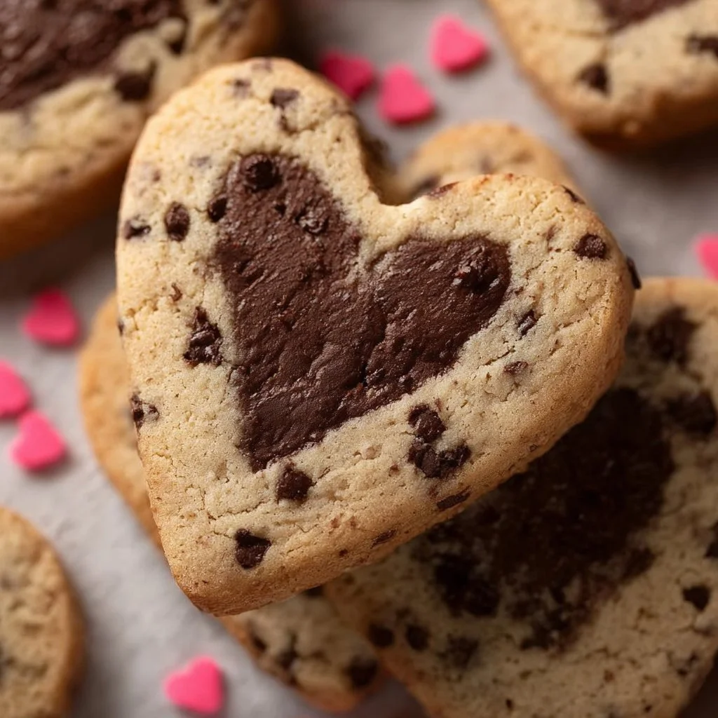 Heart-shaped chocolate chip cookies fresh out of the oven, perfect for any celebration.