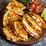 Delicious homemade chicken quesadillas served with salsa and sour cream