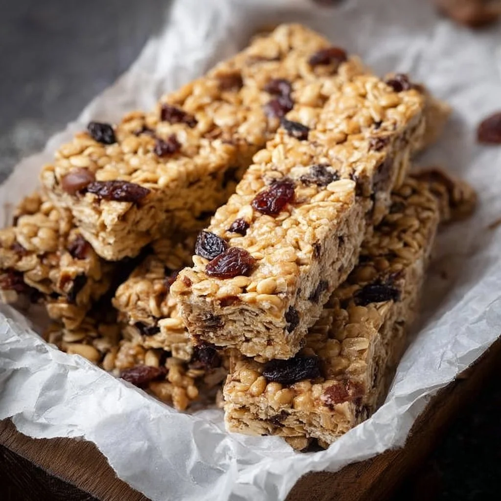 A plate of homemade granola bars with nuts and dried fruits.