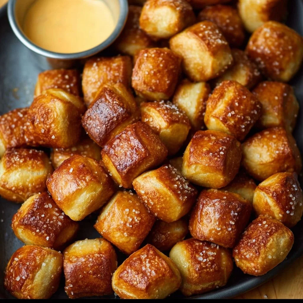 Delicious homemade soft pretzel bites on a serving plate with dipping sauce