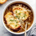 Delicious Instant Pot French Onion Soup topped with melted cheese.
