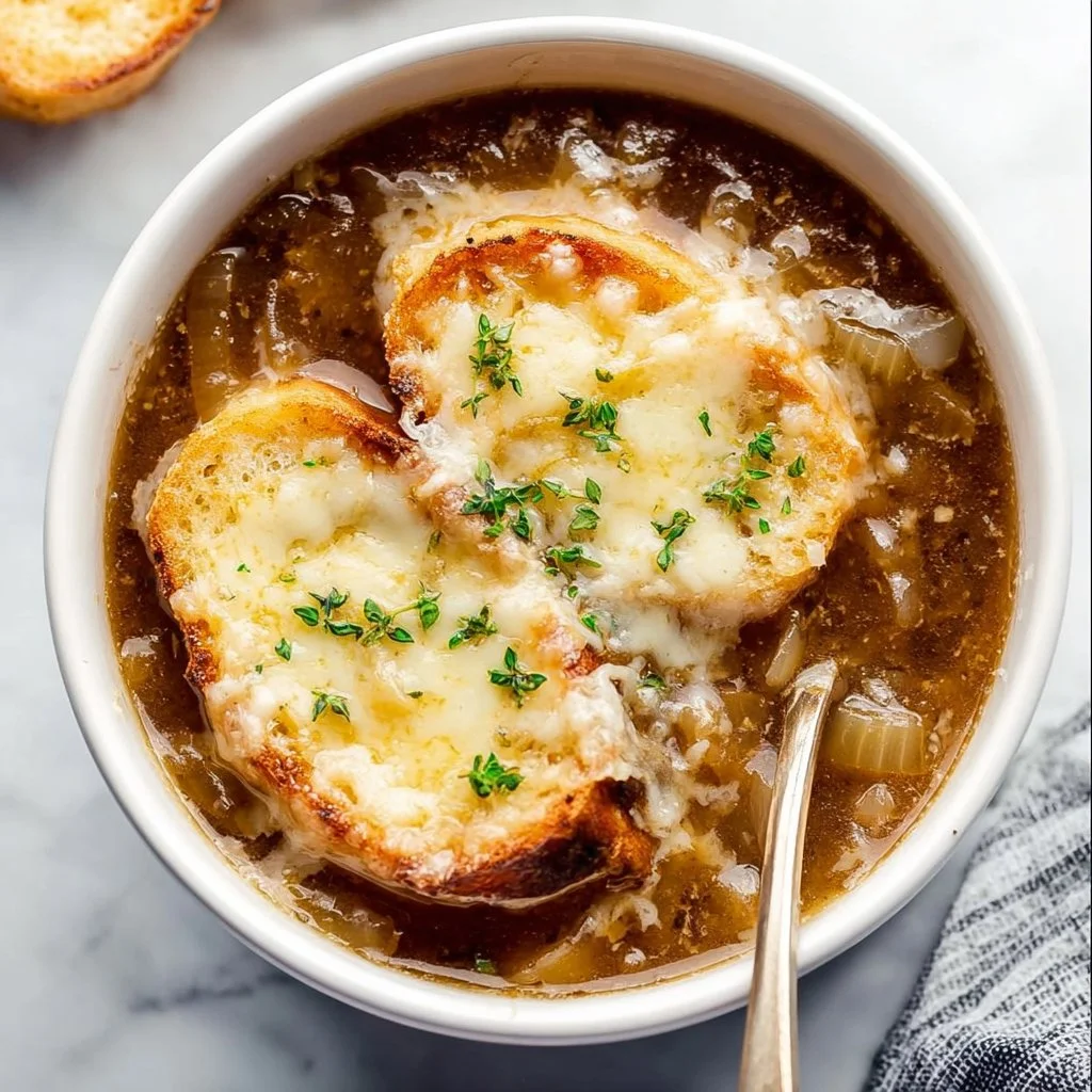 Delicious Instant Pot French Onion Soup topped with melted cheese.