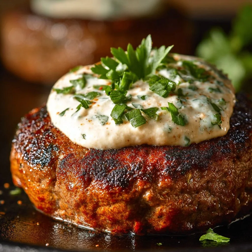 Keto Feta Burgers topped with creamy tomato sauce, served on a plate