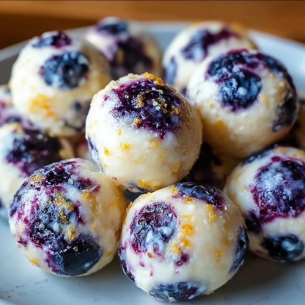 Lemon Blueberry Cottage Cheese Protein Bites on a plate with fresh berries