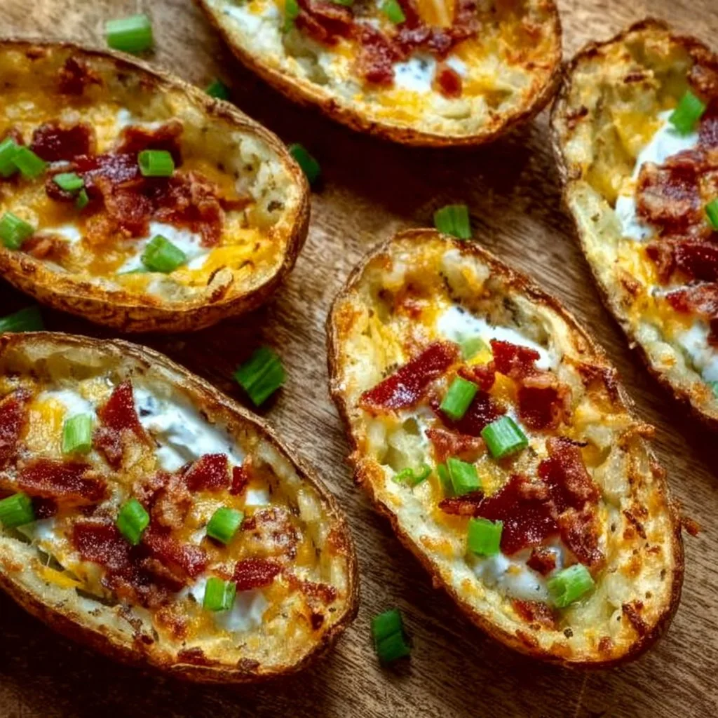 Delicious loaded potato skins topped with cheese, bacon, and green onions