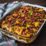 Low-carb bacon cheeseburger casserole in a baking dish ready to serve