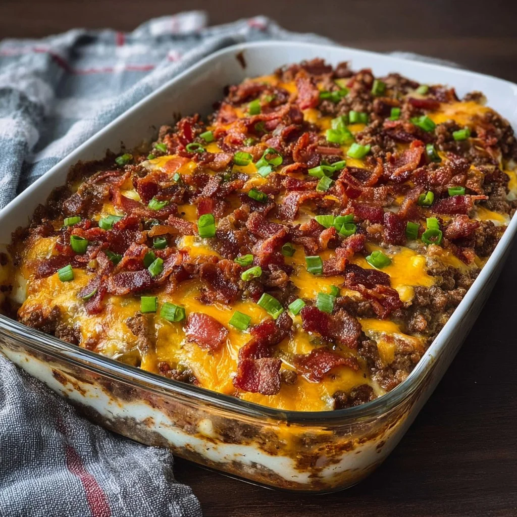 Low-carb bacon cheeseburger casserole in a baking dish ready to serve
