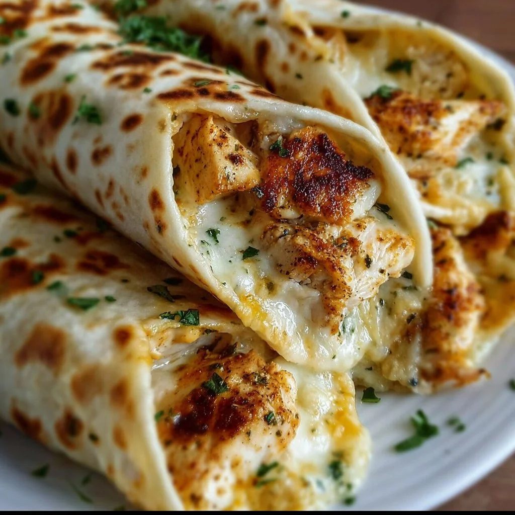 Low carb cheesy garlic chicken wraps with fresh ingredients and herbs