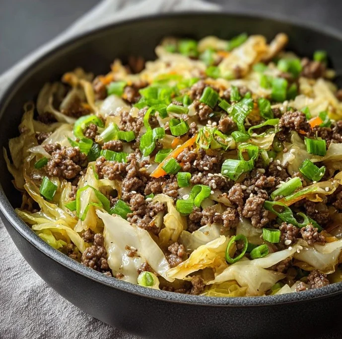Low-Carb Mongolian Ground Beef with Cabbage served in a bowl