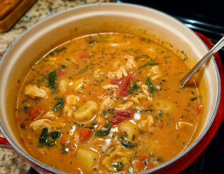 Bowl of Marry Me Tuscan Chicken Soup with fresh herbs and ingredients