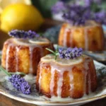 Mini lemon cakes topped with lavender glaze on a rustic wooden table