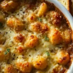 Delicious baked gnocchi casserole topped with French onion and cheese