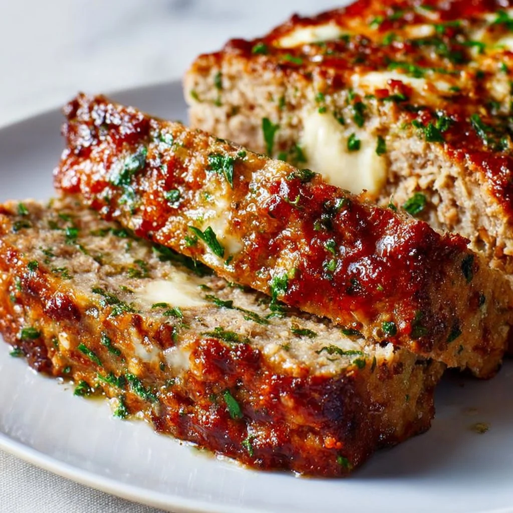 Delicious Garlic Parmesan Meatloaf served with sides on a plate