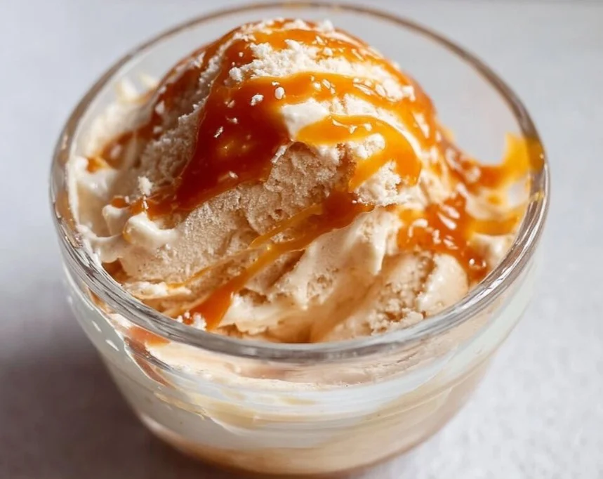 Delicious Ninja Creami salted caramel protein ice cream in a bowl.
