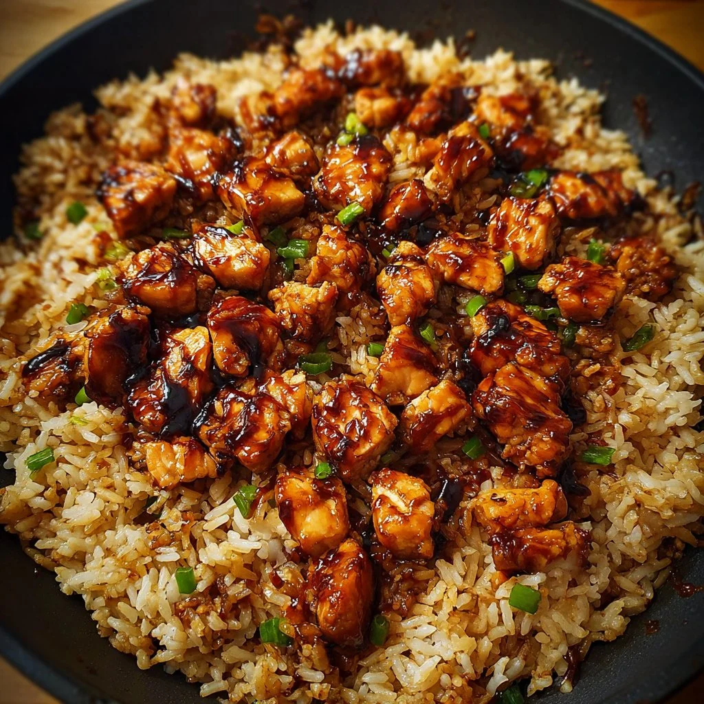 One-Pan Bold Honey BBQ Chicken Rice dish featuring juicy chicken and savory rice.