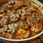 Delicious One Pan Chicken Marsala dish served with mushrooms and herbs