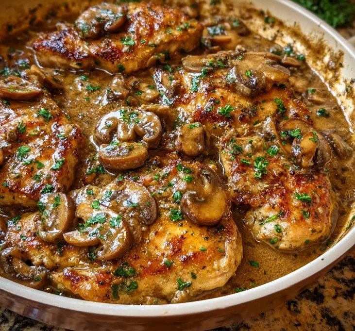 Delicious One Pan Chicken Marsala dish served with mushrooms and herbs