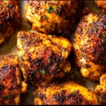 Oven baked chicken thighs seasoned and cooking in the oven.