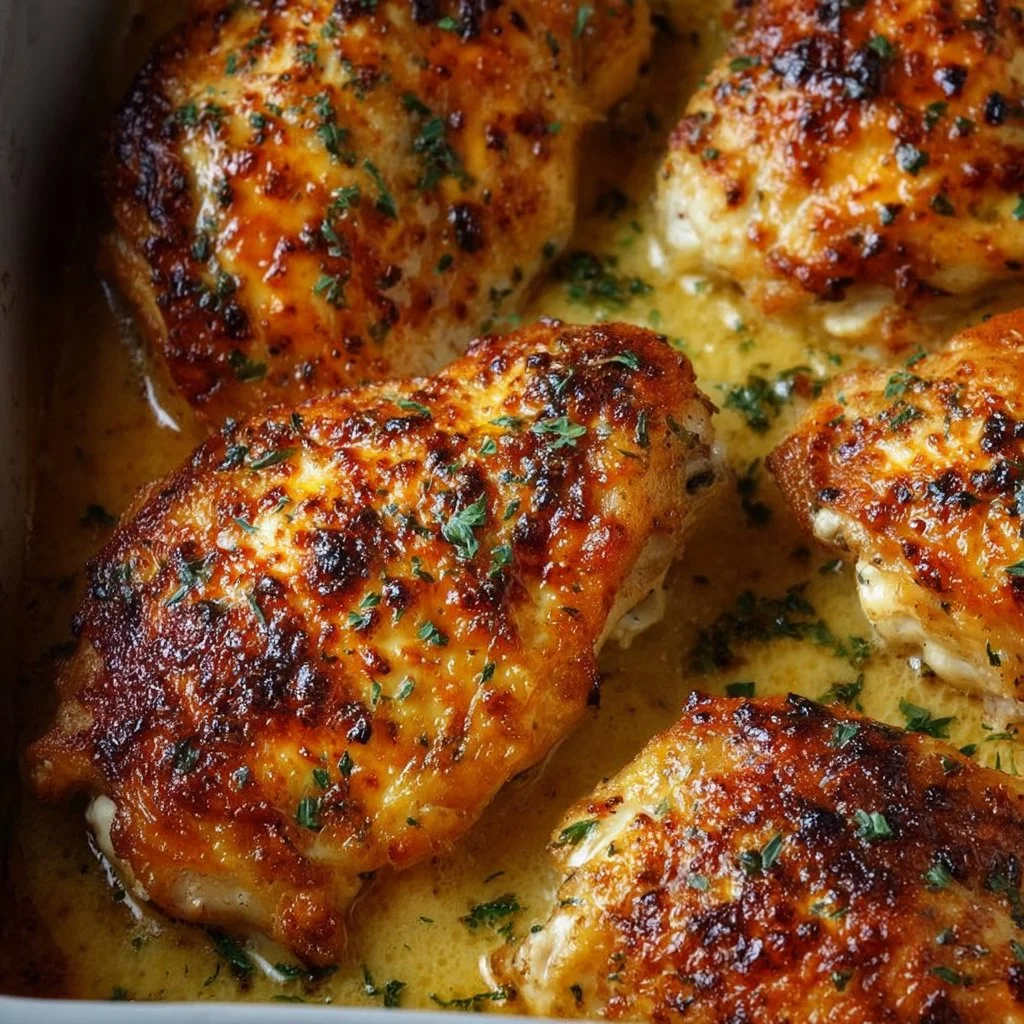 Juicy oven-baked chicken garnished with herbs on a plate