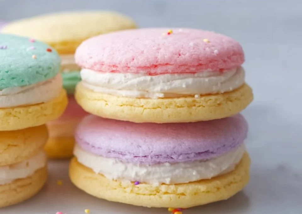 Colorful pastel sugar cookie sandwiches filled with sweet frosting.