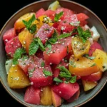 Delicious Peach Watermelon Salad served in a bowl with fresh mint leaves.