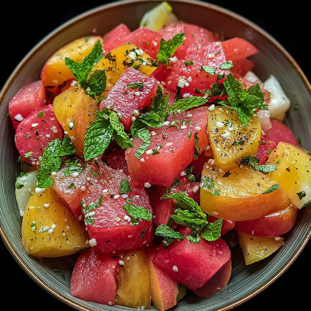 Delicious Peach Watermelon Salad served in a bowl with fresh mint leaves.