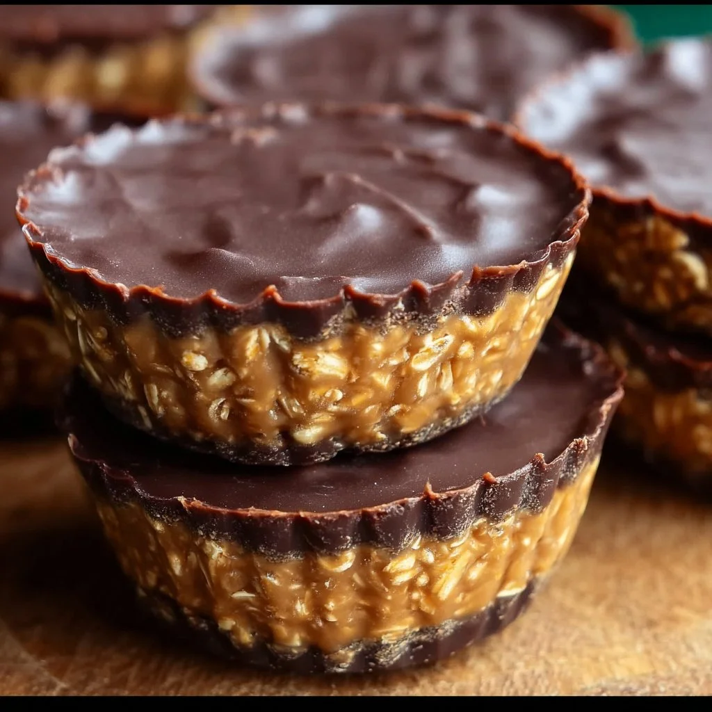 Homemade Peanut Butter Oat Cups stacked on a white plate
