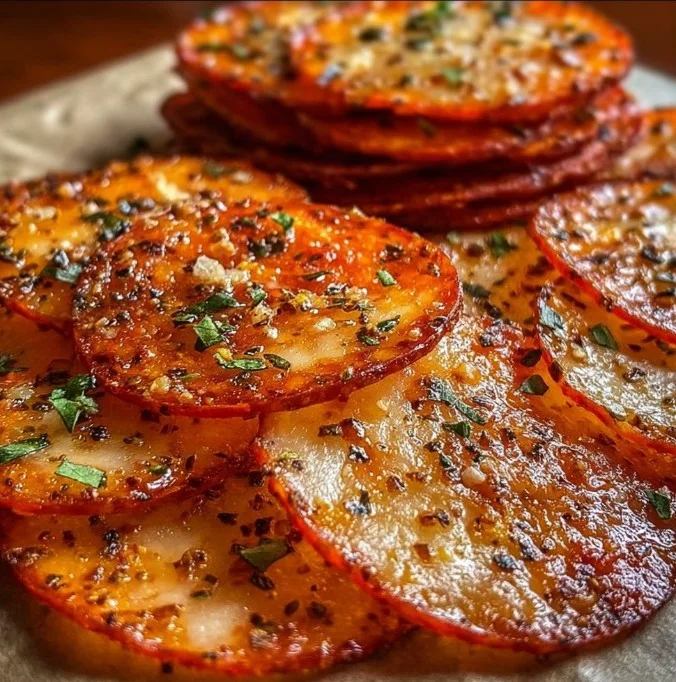 Homemade Pepperoni Cheese Crisps on a wooden board
