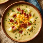Delicious bowl of Pioneer Woman potato soup garnished with herbs.