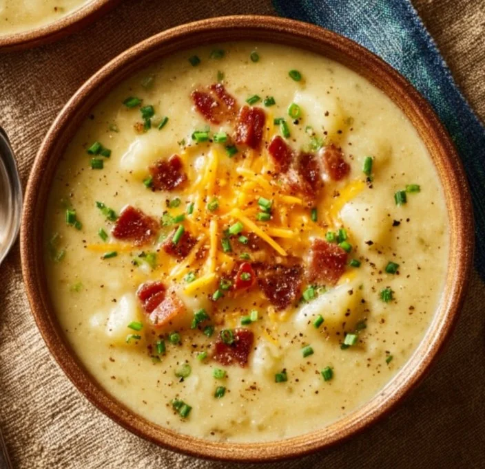 Delicious bowl of Pioneer Woman potato soup garnished with herbs.