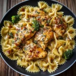 Delicious Cowboy Butter Lemon Bowtie Chicken served with fresh herbs.