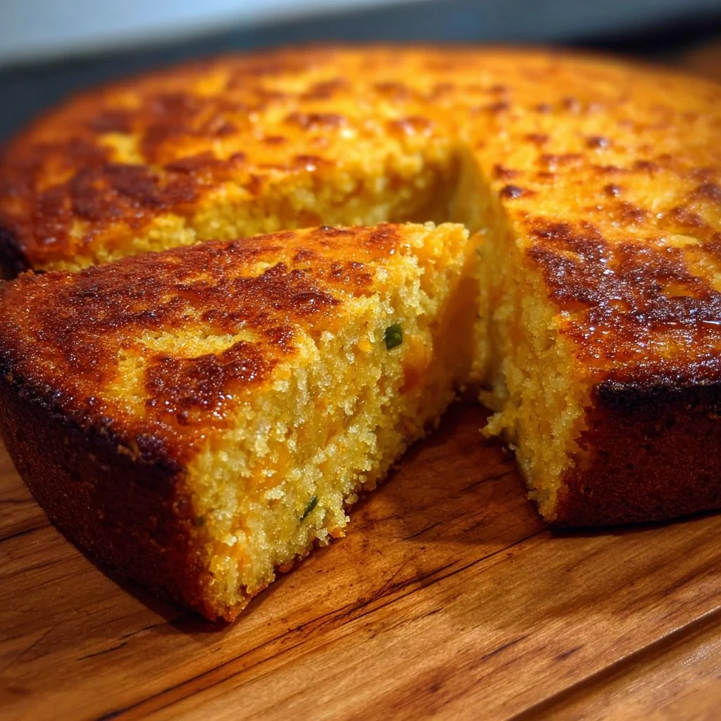 Deliciously baked Creole Cornbread served on a rustic wooden table