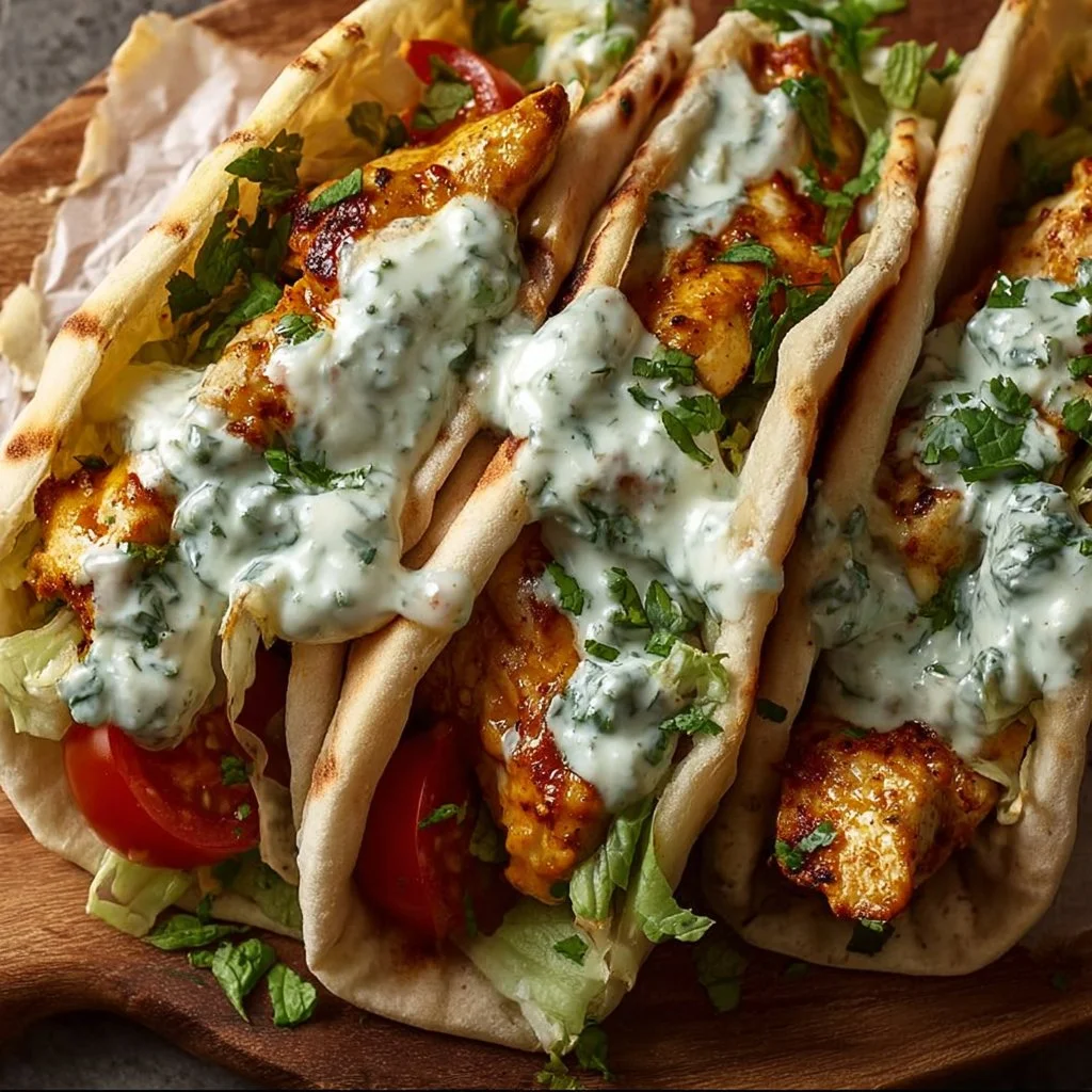 Sheet pan chicken pitas with herby ranch dressing served on a plate