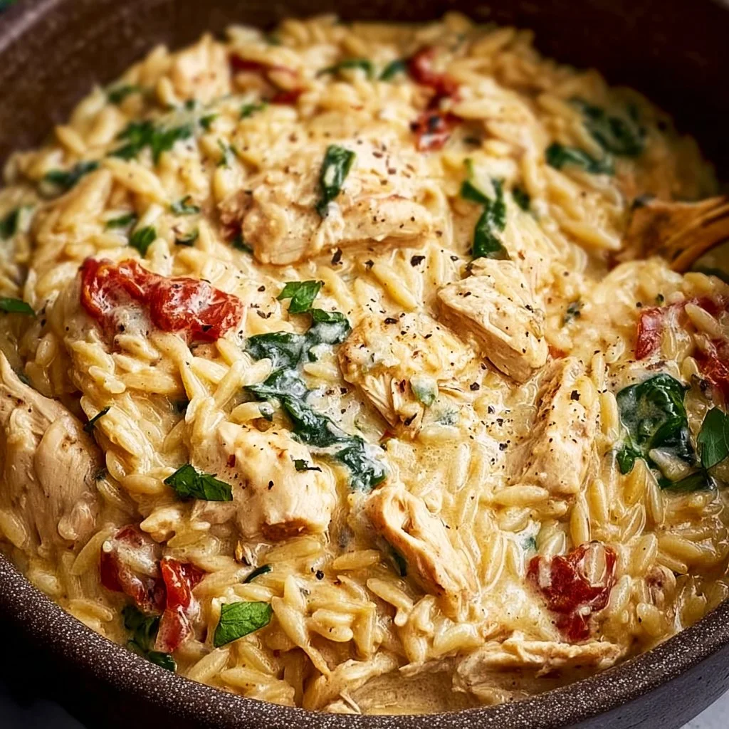 Bowl of creamy Tuscan chicken orzo garnished with fresh herbs