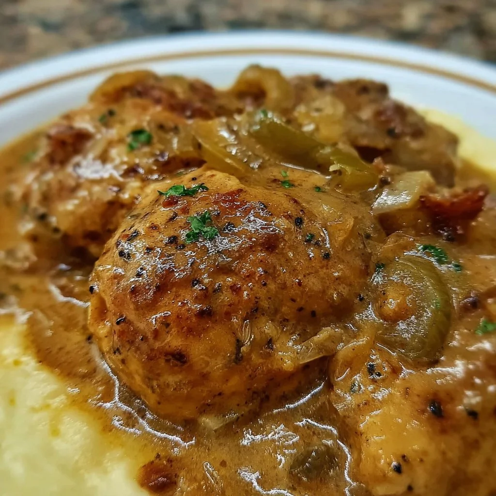 Southern-style smothered chicken with savory gravy and spices