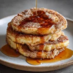 Delicious Spanish churro-inspired pancakes served with chocolate sauce.