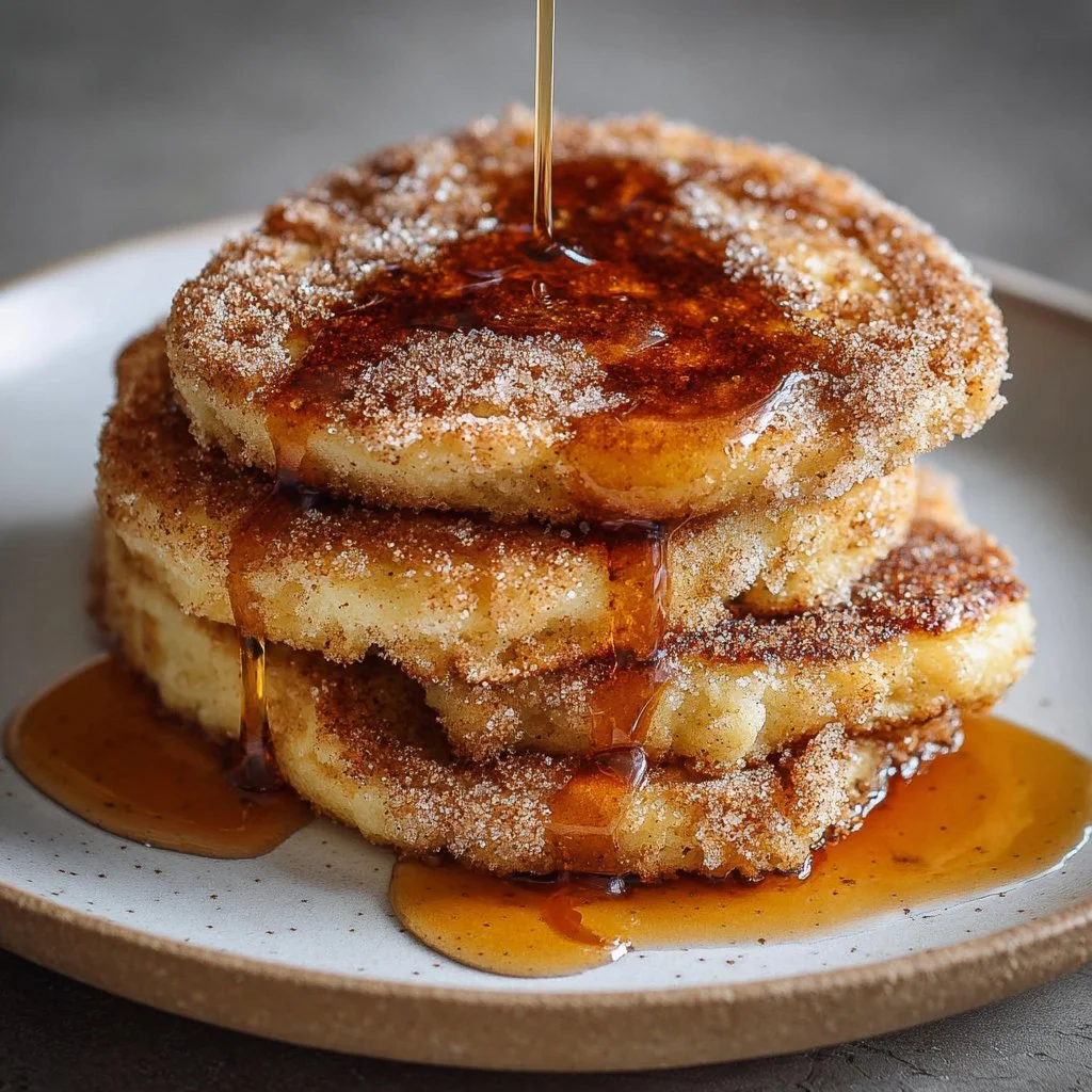 Delicious Spanish churro-inspired pancakes served with chocolate sauce.