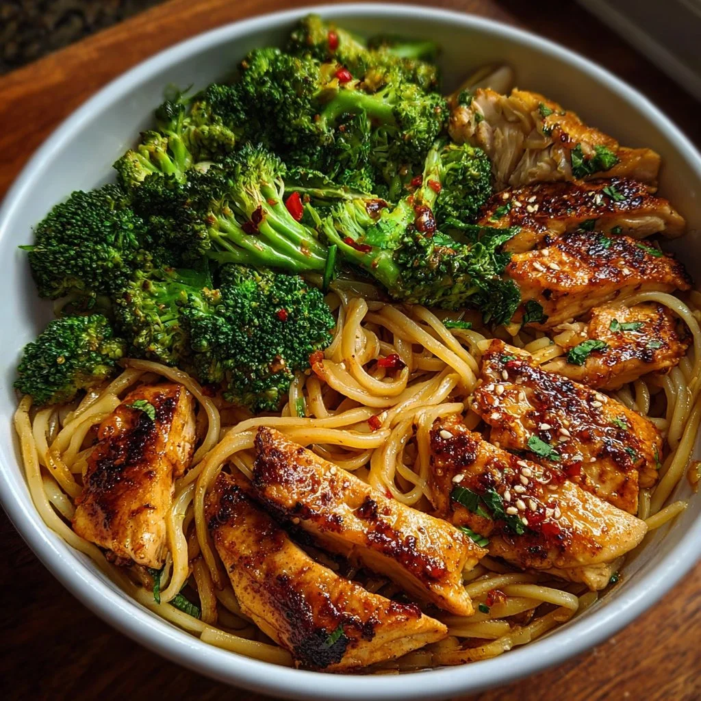 Delicious Spicy Garlic Chicken and Broccoli Noodle Bowls served in a bowl