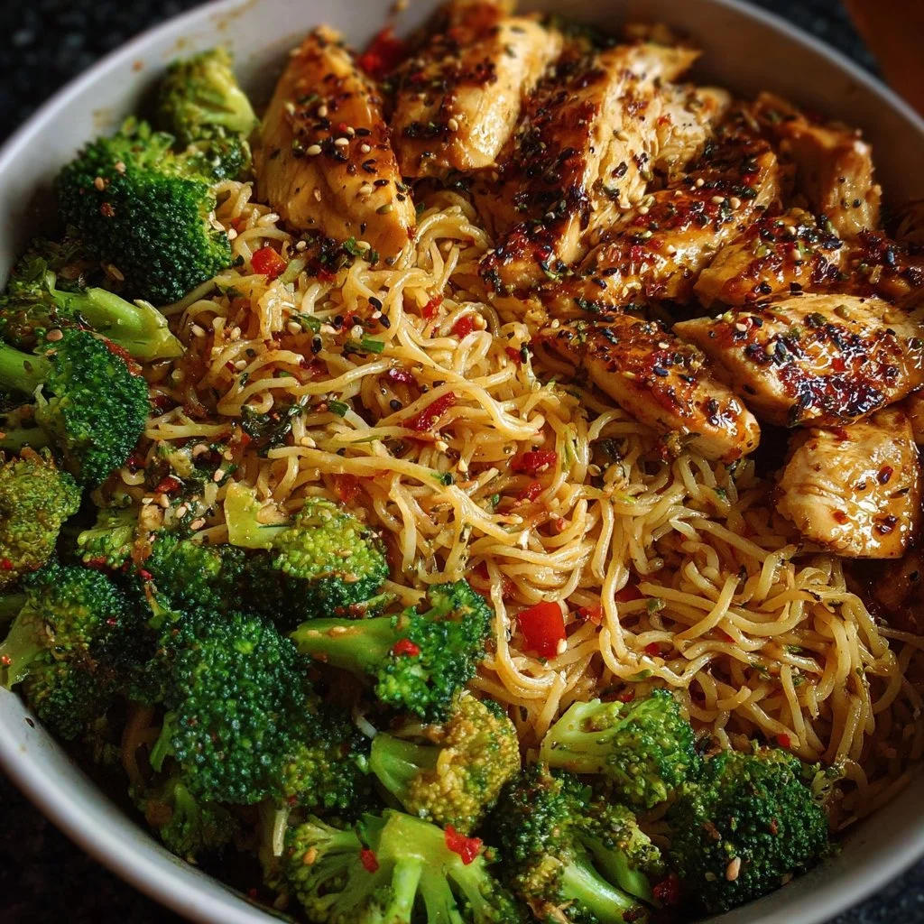 Spicy Garlic Chicken and Broccoli Noodle Bowls Delight You!