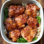 Spicy honey garlic chicken thighs with rice and broccolini on a plate