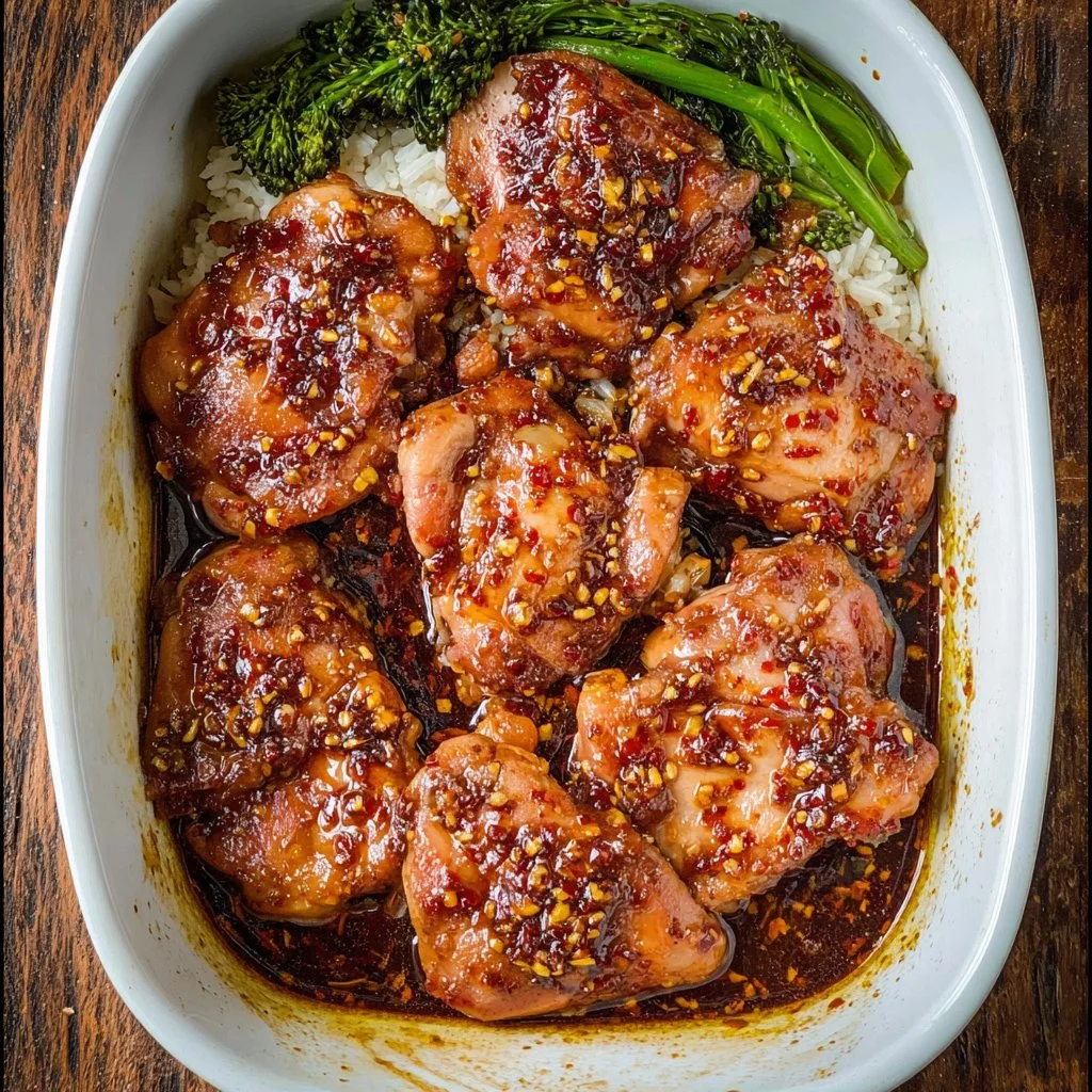 Spicy Honey Garlic Chicken Thighs with Rice and Broccolini