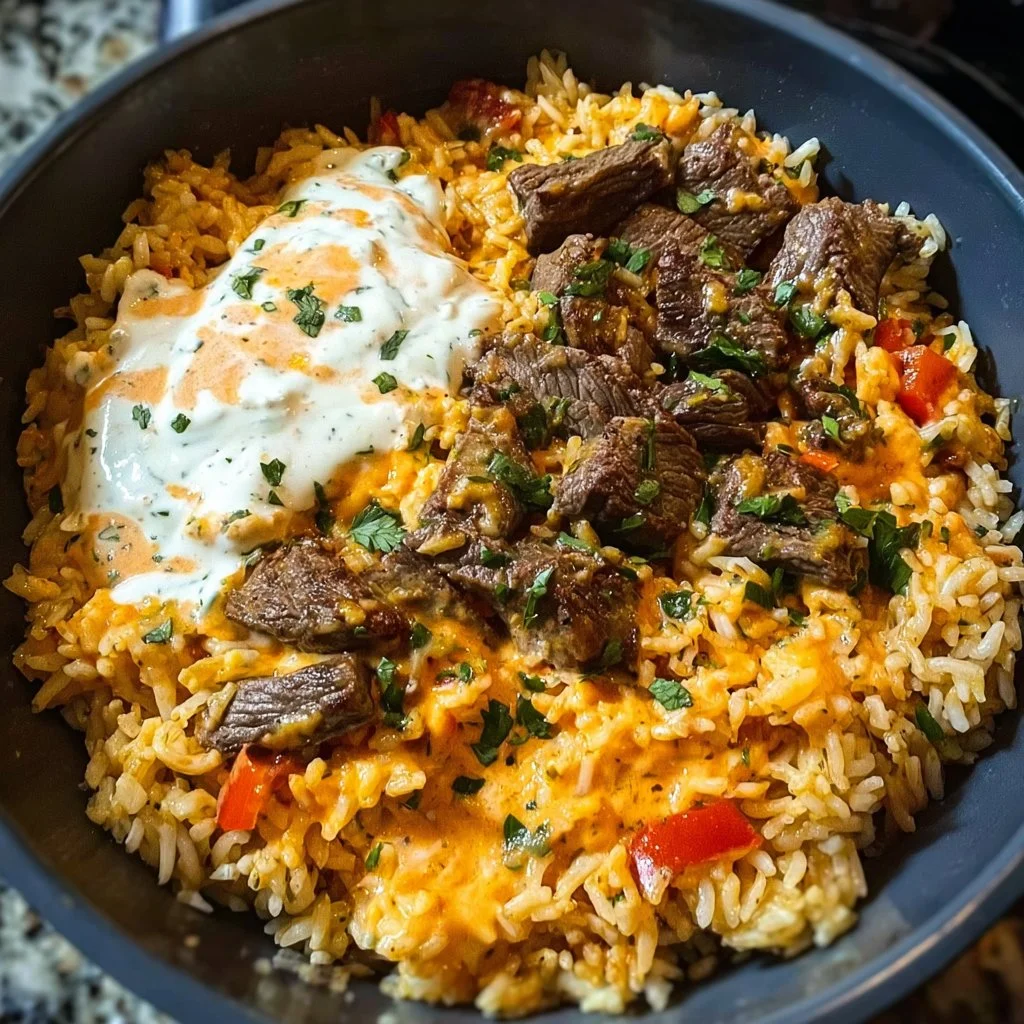 Delicious Steak Queso Rice served in a bowl with toppings